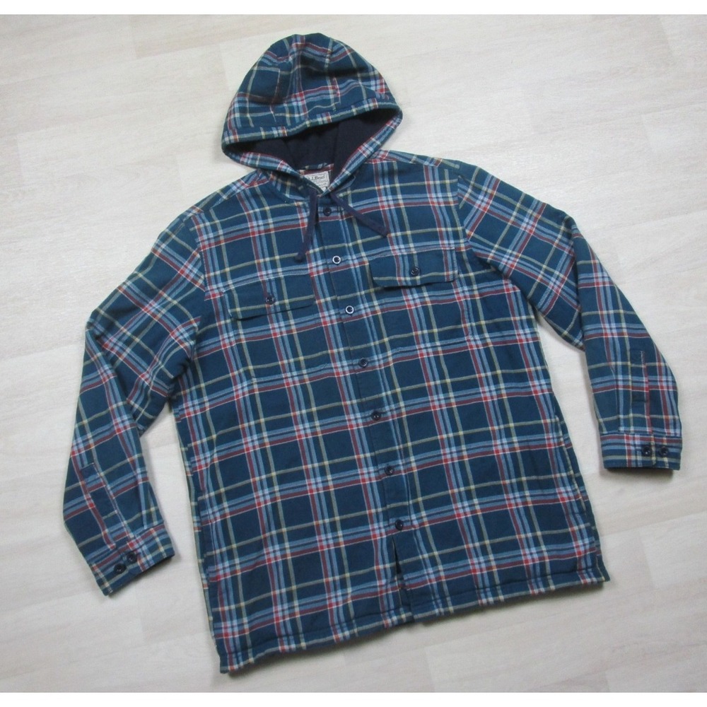 Vintage Y2K LL Bean Fleece Lined Flannel Full Zip Hoodie Mens (L) Plaid Workwear - Picture 2 of 11
